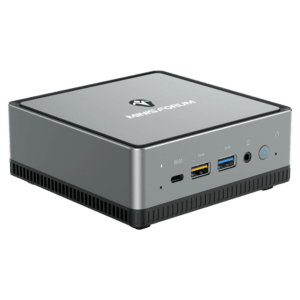 MinisForum UM250 AMD Mini PC - Showing front Microphone, USB-Type C Port, 2x USB Type-A Ports and 3.5mm Headphone Jack along with Power Button