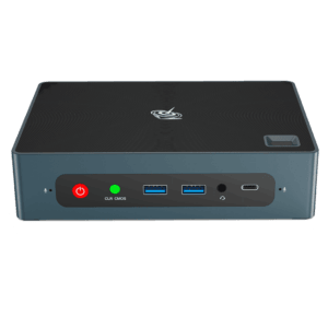 Beelink GTi 10 Windows Intel NUC Mini PC - Showing from the front with Power Button, CMOS Reset Button, 2x USB Type-A 3, 3.5mm Headphone&Microphone Jack and USB Type-C